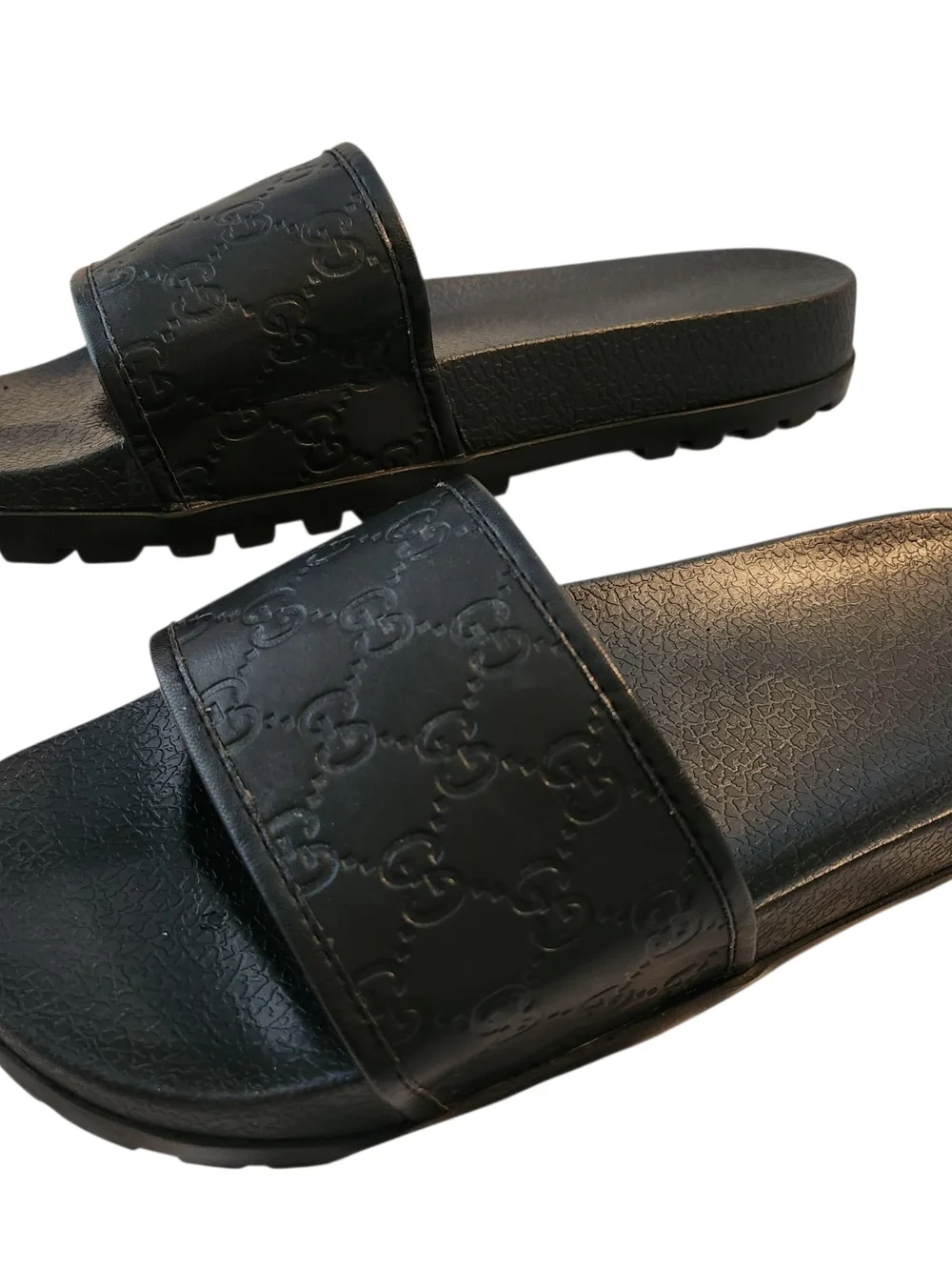 Gucci Men's Size 46 Size 12 Black Embossed GG Leather Slide Sandal Italy Luxury